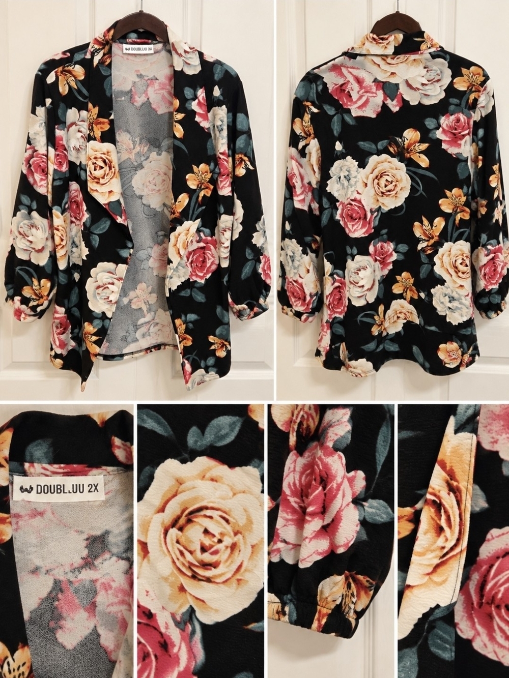 Doublju Black Floral Open-Front Blazer Jacket with Pink and Cream Roses